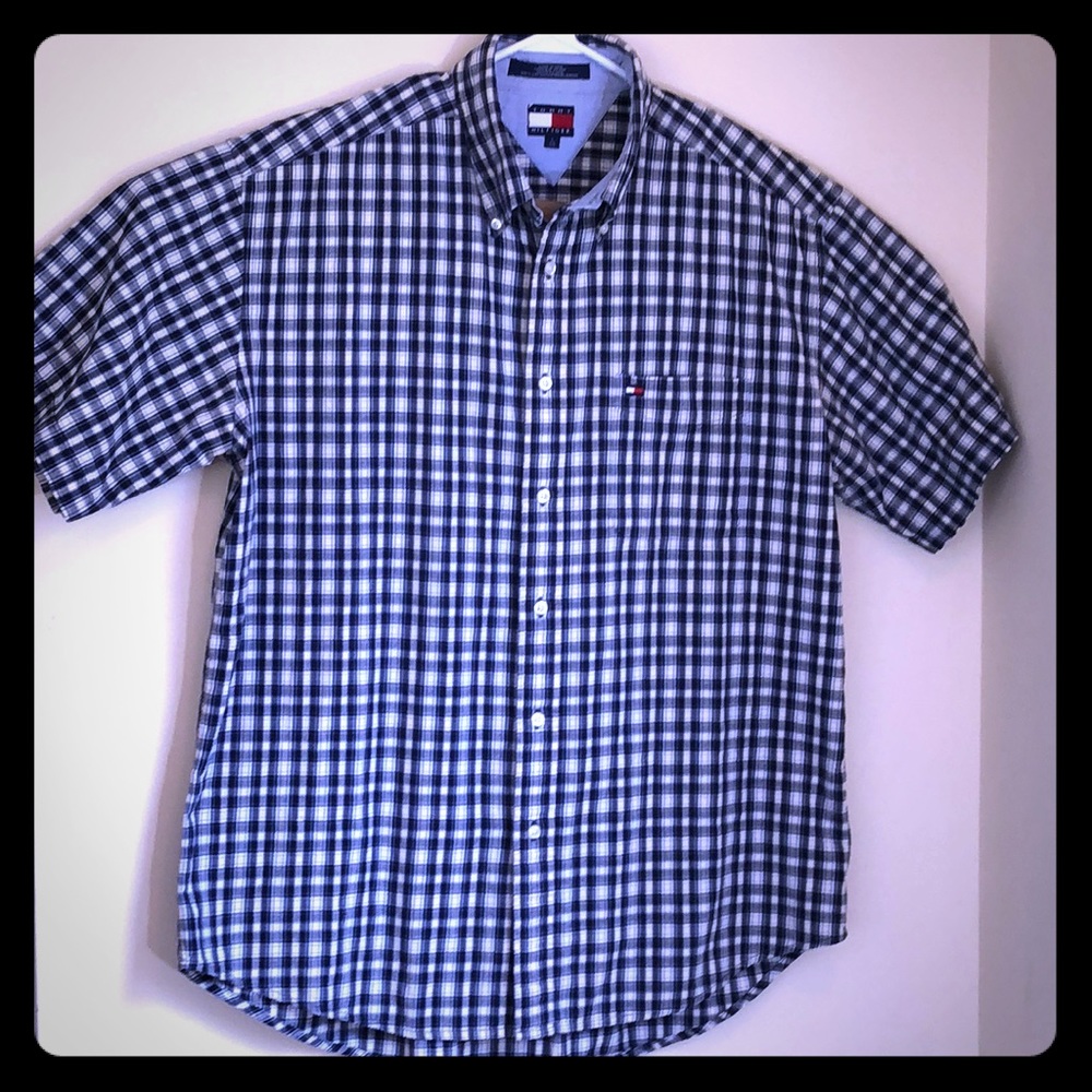 ⬇️TOMMY HILFIGER 🎆BLUE PLAID SS CASUAL SHIRT SZ L